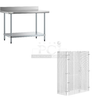 2 BRAND NEW SCRATCH AND DENT! Regency 600TB3048G 30" x 48" 18-Gauge 304 Stainless Steel Commercial Work Table with 4" Backsplash and Galvanized Undershelf and Regency 460ECSC2448 NSF Chrome Wire Security Cage - 24" x 48" x 61". 2 Times Your Bid! May Be Missing Pieces. 