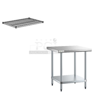2 BRAND NEW SCRATCH AND DENT! Items Including Regency 460EB2436 24" x 36" NSF Black Epoxy Wire Shelf and Regency 600T3030G 30" x 30" 18-Gauge 304 Stainless Steel Commercial Work Table with Galvanized Legs and Undershelf. 2 Times Your Bid! May Be Missing Pieces. 