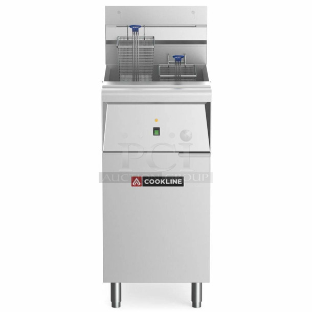 BRAND NEW SCRATCH AND DENT! 2023 Cookline CF-40E-240-3 Stainless Steel Commercial Floor Style Electric Powered Deep Fat Fryer. 240 Volts, 3 Phase.  - Image 1 of 10