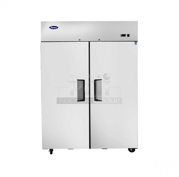 BRAND NEW SCRATCH AND DENT! 2024 Atosa Model MBF8002GR Stainless Steel Commercial 2 Door Reach In Freezer w/ Poly Coated Racks on Commercial Casters. 115 Volts, 1 Phase. Tested and Working! - Image 1 of 8