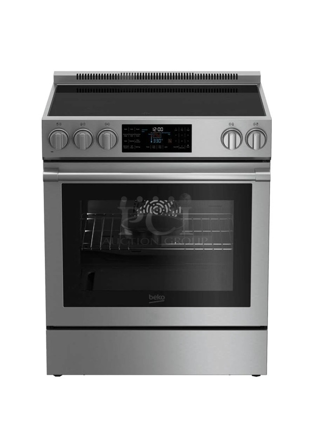 BRAND NEW SCRATCH AND DENT! 2022 Beko SLER30530SS Stainless Steel Electric Powered 4 Burner Range w/ Oven. 208-240 Volts, 1 Phase.  - Image 1 of 12
