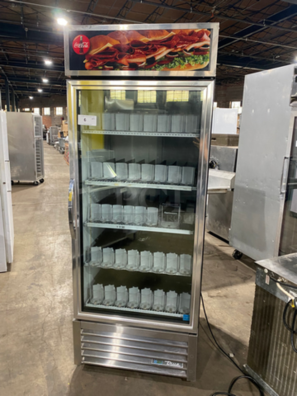 LATE MODEL! True Commercial Single Door Reach In Cooler Merchandiser! With View Through Door! Poly Drink Racks! Stainless Steel Body! WORKING WHEN REMOVED! Model: GDM26HC SN: 10096953 115V 60HZ 1 Phase