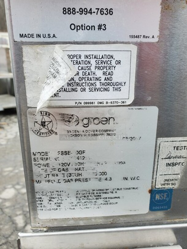 GROEN 2SSB-10GF Smart Steam Boilerless Steamer 100 (Missing one handle)Natural Gas.   - Image 4 of 7