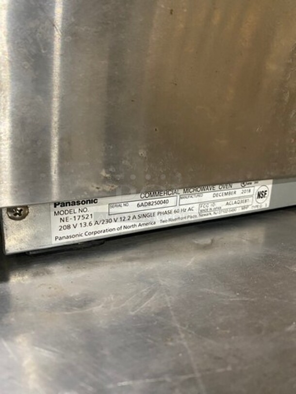 2018 Panasonic Commercial Countertop Microwave Oven! All Stainless Steel! With View Through Door! Model: NE17521 SN: 6AD8250040 208/230V 60HZ 1 Phase - Image 7 of 8