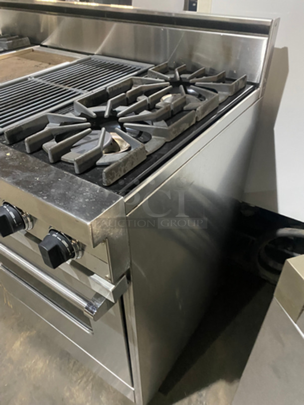 AMAZING! Viking Duel Fuel Powered 4 Burner Stove! With Built In Flat And Ribbed Griddle! With 2 Oven Underneath! Metal Oven Racks! All Stainless Steel! On Legs! - Image 3 of 12