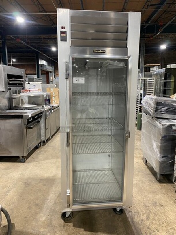 COOL! Traulsen Commercial Single Door Reach In Cooler Merchandiser! With View Through Door! Racks! All Stainless Steel! On Casters! Model: G11011 SN: T23758E06 115V 60HZ 1 Phase