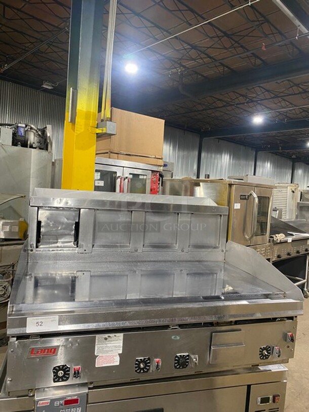 Lang Commercial Countertop Natural Gas Powered Mirror Shine Flat Top Griddle! With Thermostatic Controls! Built In Hood! With Back And Side Splashes! All Stainless Steel! On Legs! MODEL 248SCHENSH SN: GT2480618A  - Image 1 of 8