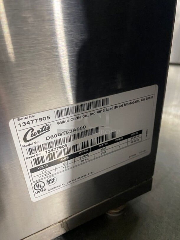 Curtis Commercial Stainless Steel Countertop Coffee Brewer! With Hot Water Dispenser! 110V 1 Phase! Model: D60GT63A000 SN: 13477905! - Image 7 of 8
