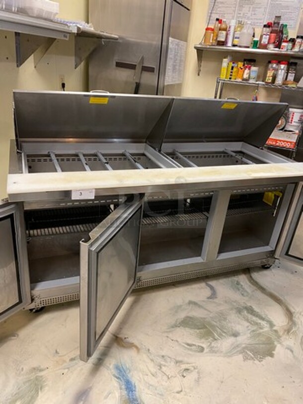 LATE MODEL! 2022 Asber Commercial Refrigerated Sandwich Prep Table! With Commercial Cutting Board! With 3 Door Underneath Storage Space! All Stainless Steel! On Casters! WORKING WHEN REMOVED! Model: APTM7230HC SN: 8102495185 115V 60HZ 1 Phase - Image 5 of 9