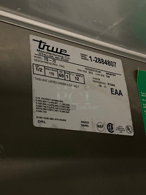 True Commercial 3 Door Reach In Cooler! With Poly Coated Racks! All Stainless Steel! Model: TS72 SN:12884807 115v - Image 12 of 12