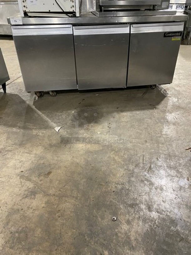 Continental Commercial Worktop/ Lowboy Cooler! With Backsplash! With 3 Door Refrigerated Storage Space Underneath! With Poly Coated Racks! All Stainless Steel! Model: SW72BS SN: 14655428 115V 60HZ 1 Phase