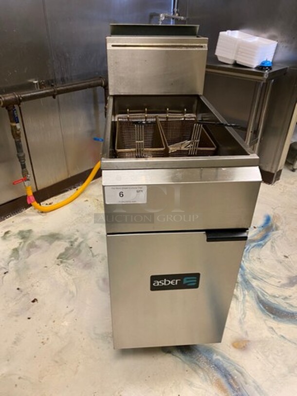 LATE MODEL! 2022 Asber Commercial Natural Gas Powered Deep Fat Fryer! With Metal Frying Baskets! With Backsplash! All Stainless Steel! On Casters! WORKING WHEN REMOVED! Model: AEF4050 SN: 8102144475