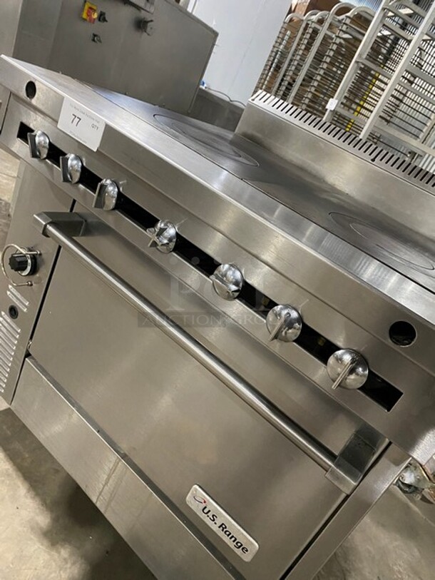 NICE! Us Range Commercial Heavy Duty Natural Gas Powered French Top/Hot Plate Range! With Full Size Oven Underneath! All Stainless Steel! With Oven Racks! On Casters!  - Image 8 of 10