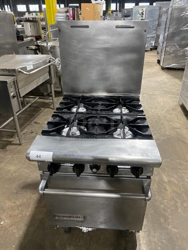 American Range Commercial Natural Gas Powered 4 Burner Stove! With Raised Back Splash! With Oven Underneath! All Stainless Steel! On Casters!