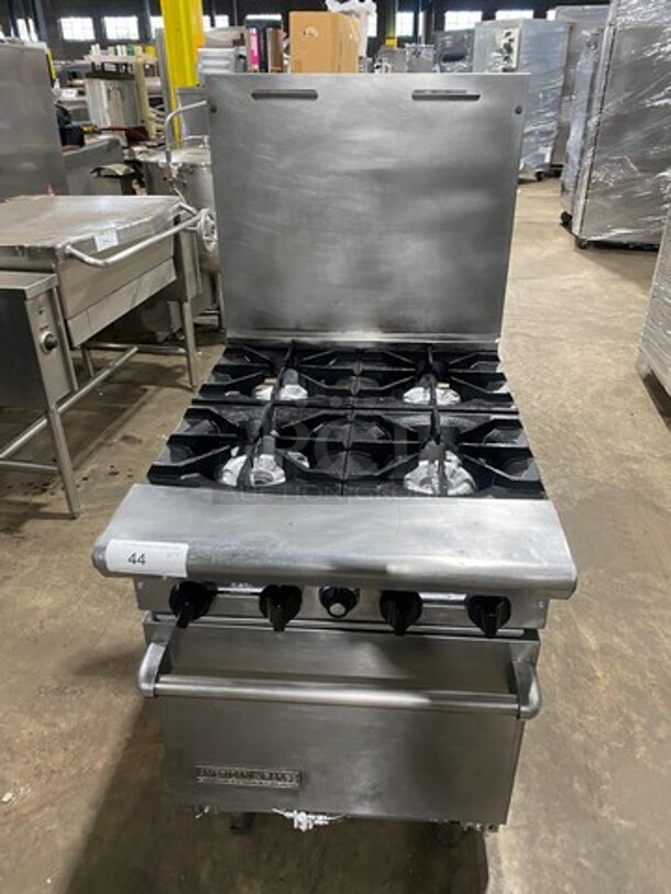 American Range Commercial Natural Gas Powered 4 Burner Stove! With Raised Back Splash! With Oven Underneath! All Stainless Steel! On Casters! - Image 1 of 10