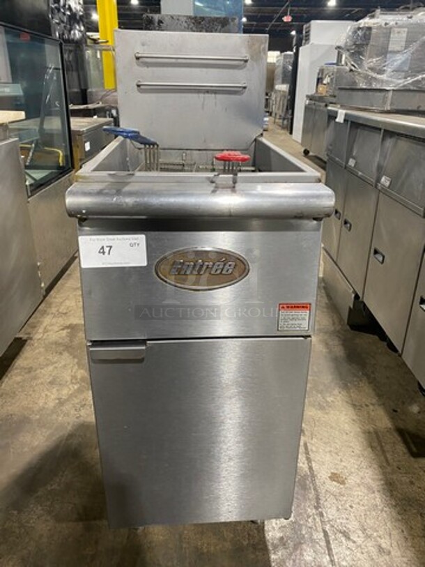 Entree Commercial Natural Gas Powered Deep Fat Fryer! With Backsplash! With 2 Metal Frying Baskets! All Stainless Steel! On Legs! Model: F3N SN: 13070483V
