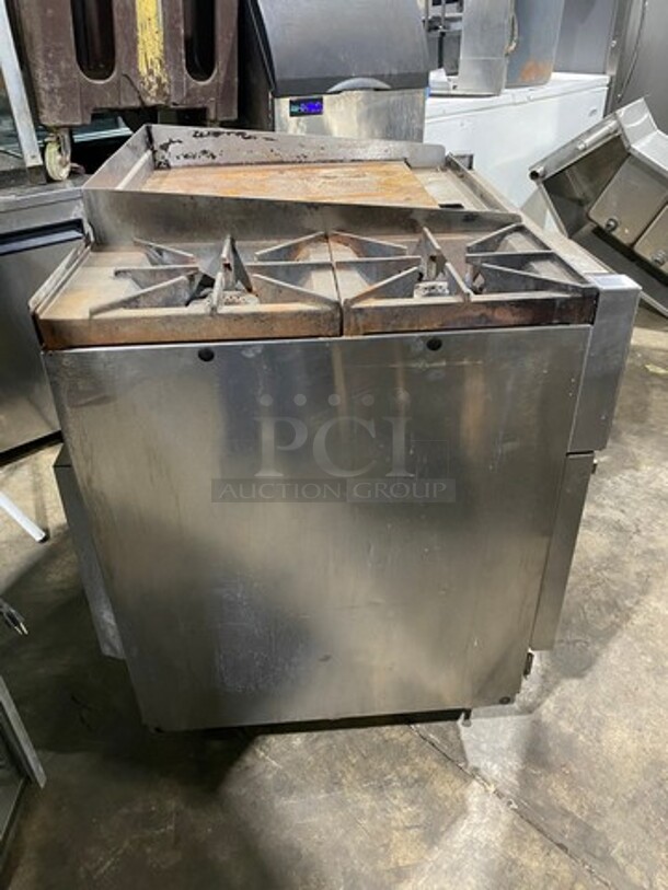 Vulcan Commercial Natural Gas Powered 2 Burner Stove With Flat Top Griddle! Griddle Has Back And Side Splashes! With Oven Underneath! All Stainless Steel! On Casters! Model: 36S2B24GN SN: 481883161 - Image 2 of 12