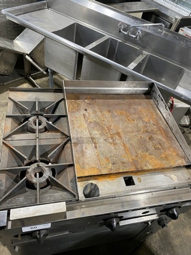 Vulcan Commercial Natural Gas Powered 2 Burner Stove With Flat Top Griddle! Griddle Has Back And Side Splashes! With Oven Underneath! All Stainless Steel! On Casters! Model: 36S2B24GN SN: 481883161 - Image 8 of 12