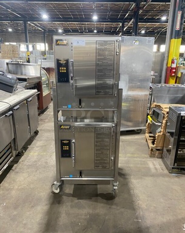 BEAUTIFUL! Accutemp Commercial Natural Gas Powered Double Deck Stand Mounted Boiler Less Steamer! All Stainless Steel! On Casters! 2x Your Bid Makes One Unit! WORKING WHEN REMOVED! Model: N61201E06000200 SN: 46145 - Image 1 of 11