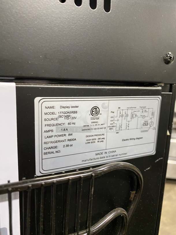 BRAND NEW SCRATCH & DENT! Galaxy GDN-5 16 1/2" Black Swing Glass Door Merchandiser Refrigerator with Red, White, and Blue LED Lighting.MODEL:177GDN5RBB 120V!  - Image 6 of 7