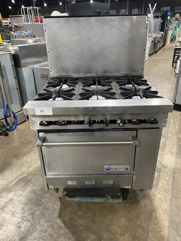 US Range Commercial Natural Gas Powered 6 Burner Stove! With Raised Back Splash! With Oven Underneath! All Stainless Steel! On Legs! - Image 1 of 10