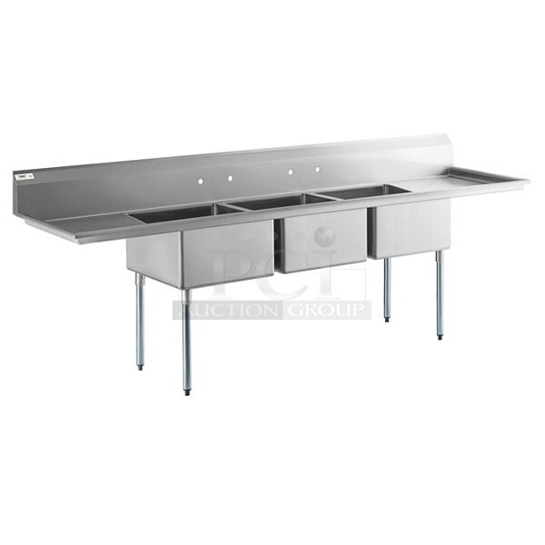 BRAND NEW SCRATCH & DENT! Regency 121" 16-Gauge Stainless Steel Three Compartment Commercial Sink with Galvanized Steel Legs and 2 Drainboards - 23" x 23" x 12" Bowls - Image 1 of 7