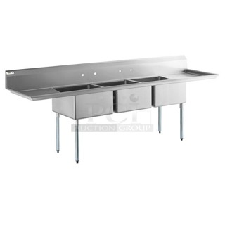 BRAND NEW SCRATCH & DENT! Regency 121" 16-Gauge Stainless Steel Three Compartment Commercial Sink with Galvanized Steel Legs and 2 Drainboards - 23" x 23" x 12" Bowls