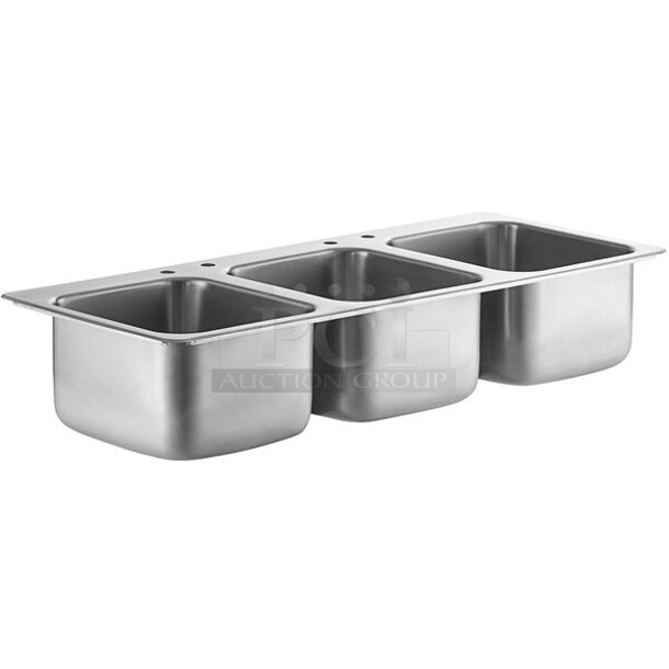 BRAND NEW SCRATCH & DENT! Regency 600DI3141620 14" x 16" x 10" 20 Gauge Stainless Steel Three Compartment Drop-In Sink + 3 Drains!!  - Image 1 of 6