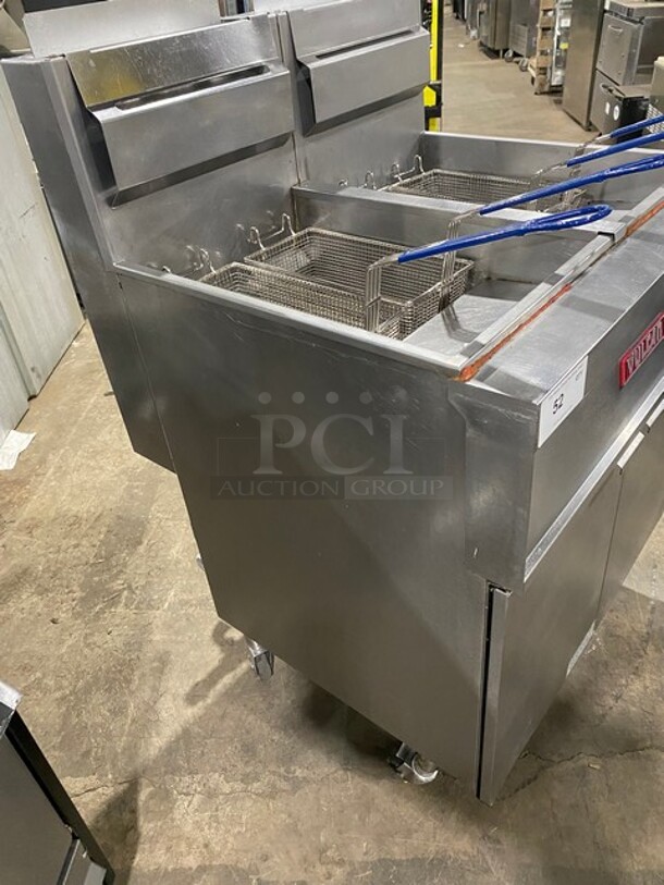 NICE! LATE MODEL! Vulcan Commercial Natural Gas Powered 2 Bay Deep Fat Fryer! With Backsplash! With Oil Filter System! All Stainless Steel! With 4 Frying Baskets! On Casters! Model: 2GR45MF SN: 48-1650173! Working When Removed! - Image 2 of 9