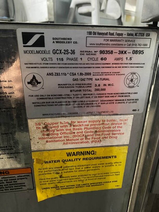 Southbend Commercial Natural Gas Powered Double Deck Convection Steamer! All Stainless Steel! Model GCX2S36 Serial 903583KK0895! 115V 1Phase! On Legs! GOES WELL WITH LOT #46!!! - Image 7 of 11