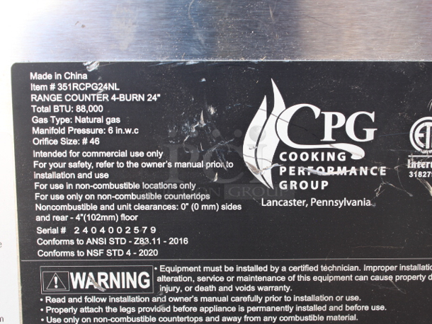 BRAND NEW SCRATCH & DENT! Cooking Performance Group R-CPG-24-NL 4 Burner Gas Countertop Range / Hot Plate - 88,000 BTU. S/N: 2404002579 Dented. Back weld is broken. 	 - Image 7 of 8