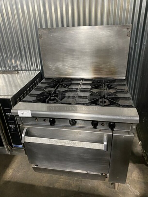 Imperial Commercial Natural Gas Powered 4 Burner Stove! With Raised Back Splash! With Oven Underneath! All Stainless Steel! On Casters! - Image 1 of 9