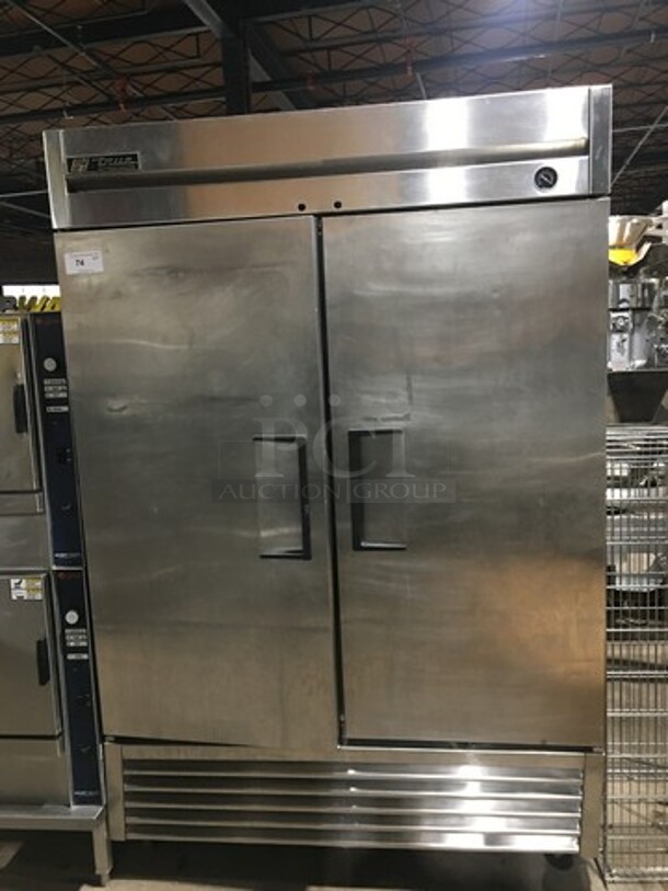 True Commercial 2 Door Reach In Cooler! Poly Coated Racks! All Stainless Steel! On Casters! Model: T49 SN: 6699714 115V 60HZ 1 Phase