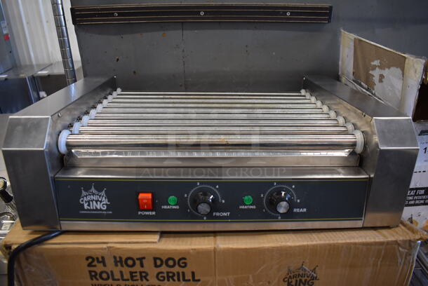 BRAND NEW IN BOX! Carnival King 382HDRG24 Stainless Steel Commercial Countertop Hot Dog Roller. 120 Volts, 1 Phase. 22.5x16x7. Tested and Working!