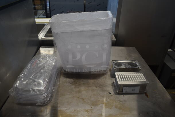 Box of BRAND NEW 231-01466 Poly Hoppers and 2 Metal Drip Trays for Beverage Machine.
