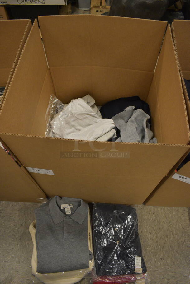 ALL ONE MONEY! Box Lot of Various Men's Clothing Including I Levrieri Pure Merimo Wool Sweaters, L.L. Bean Sweaters, and Cotton Tshirts. Sizes Vary from Medium to Large