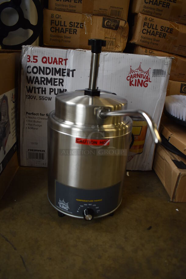BRAND NEW IN BOX! Carnival King 382RWS35 Stainless Steel Commercial Countertop Condiment Warmer w/ Pump. 120 Volts, 1 Phase. 8x15x17. Tested and Working! - Image 2 of 7