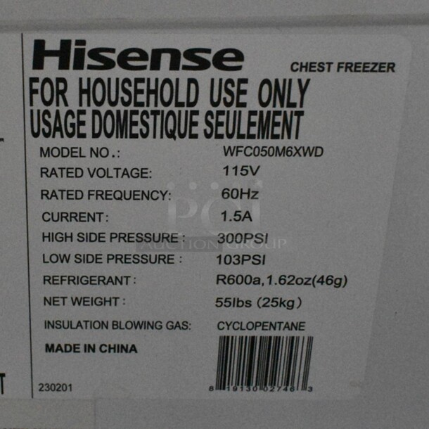 Hisense WFC050M6XWD Metal Chest Freezer w/ Hinge Lid. 115 Volts, 1 Phase. Tested and Working! - Image 4 of 4