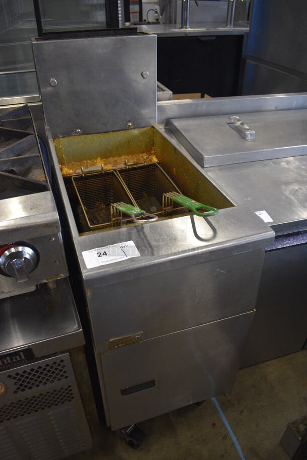 Pitco Frialator SG14 Stainless Steel Commercial Floor Style Natural Gas Powered Deep Fat Fryer w/ 2 Metal Fry Baskets on Commercial Casters. 16x34x46 - Image 2 of 8