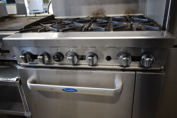 Cook Rite Stainless Steel Commercial Propane Gas Powered 6 Burner Range w/ Oven, Over Shelf and Back Splash on Commercial Casters.  - Image 5 of 7