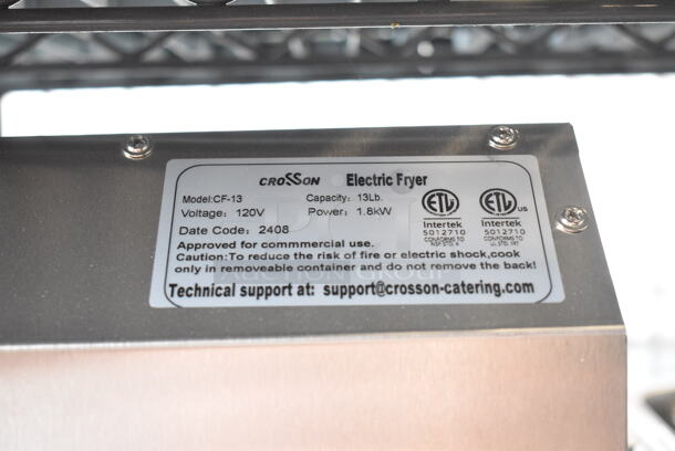 BRAND NEW SCRATCH AND DENT! 2024 Crosson CF-13 Stainless Steel Commercial Countertop Electric Powered Single Bay Fryer w/ Metal Fry Basket and Lid. 120 Volts, 1 Phase. - Image 6 of 6