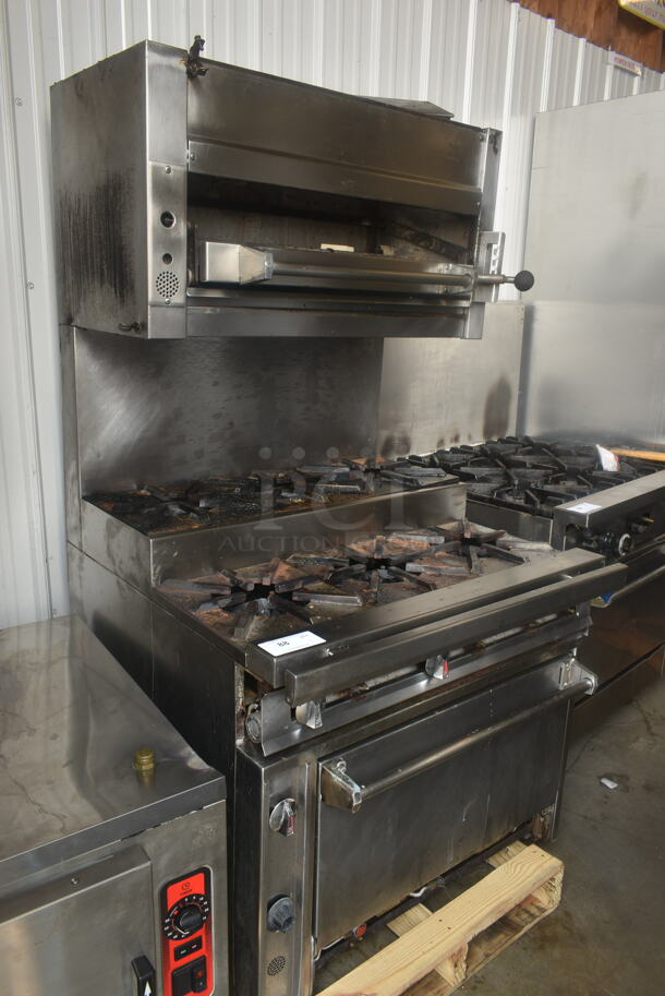 Jade Range Stainless Steel Commercial Natural Gas Powered 2 Tier 6 Burner Range w/ Oven, Salamander Cheese Melter and Back Splash. - Image 2 of 8