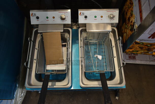 BRAND NEW SCRATCH AND DENT! Cooking Performance Group CPG DF-18-2 Stainless Steel Commercial Floor Style Electric Powered Double Bay Deep Fat Fryer w/ 2 Metal Fry Baskets. 208-240 Volts. Tested and Working! - Image 3 of 8