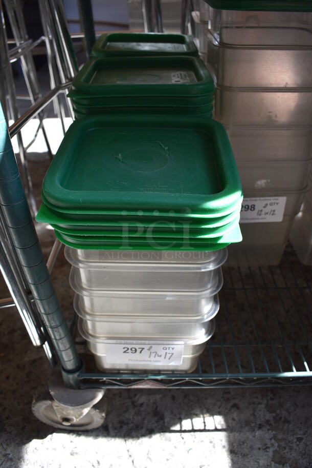 ALL ONE MONEY! Lot of 17 Cambro Clear Poly Containers w/ 17 Green Poly Lids. 7x7x4