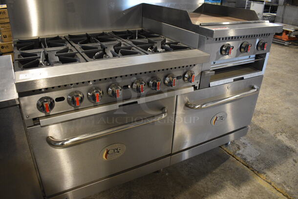 BRAND NEW! CPG S60-GS24-N Stainless Steel Commercial Natural Gas Powered 6 Burner Range w/ Flat Top Griddle, 2 Ovens, Over Shelf and Back Splash. 276,000 BTU. 60x33x60 - Image 9 of 10