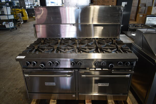 BRAND NEW SCRATCH AND DENT! LATE MODEL! Garland G60-10CC Stainless Steel Commercial Natural Gas 10 Burner 60" Range with 2 Convection Ovens, Over Shelf and Back Splash. 406,000 BTU. - Image 2 of 7
