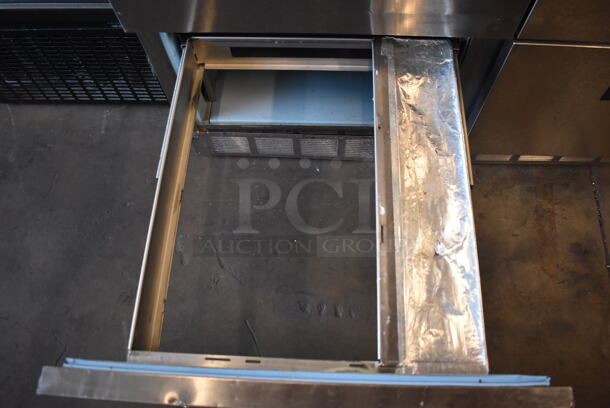 Delfield Stainless Steel Commercial Sandwich Salad Prep Table Bain Marie Mega Top w/ 4 Drawers and Over Shelf on Commercial Casters. 48x33x55. Tested and Working! - Image 7 of 9