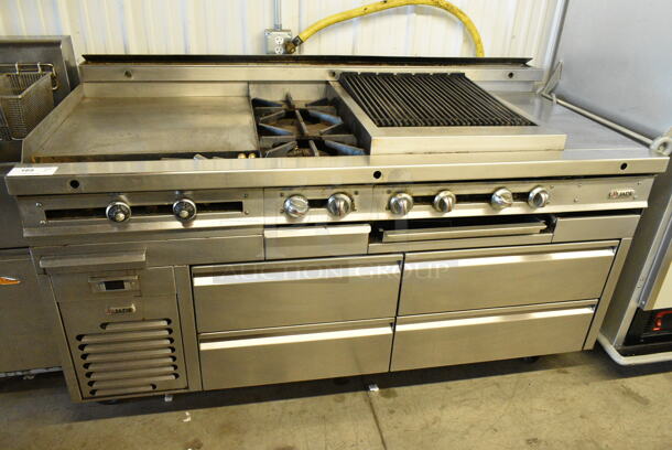 Jade Range Stainless Steel Commercial Gas Powered Flat Top Griddle w/ 2 Burner Range, Charbroiler Grill and 4 Drawer Chef Base on Commercial Casters. Cannot Test Chef Base - Appears To Have Been Hardwired - Image 1 of 12