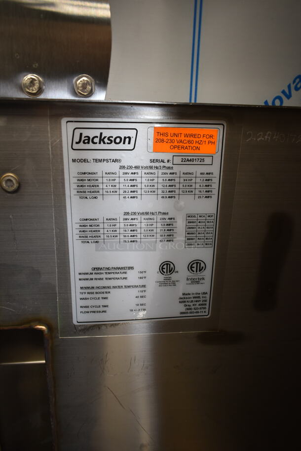 BRAND NEW SCRATCH AND DENT! 2022 Jackson Tempstar Stainless Steel Commercial Straight Pass Through Dishwasher w/ Built In Booster. 208-230 Volts, 1 Phase.  - Image 9 of 9