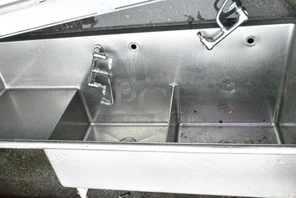 Stainless Steel Commercial 2 Bay Sink w/ 2 Faucets, 2 Handle Sets, Left Side Drain Board. Missing 2 Legs. Bay 24x24x12. Drain Board 19.5x20 - Image 2 of 9